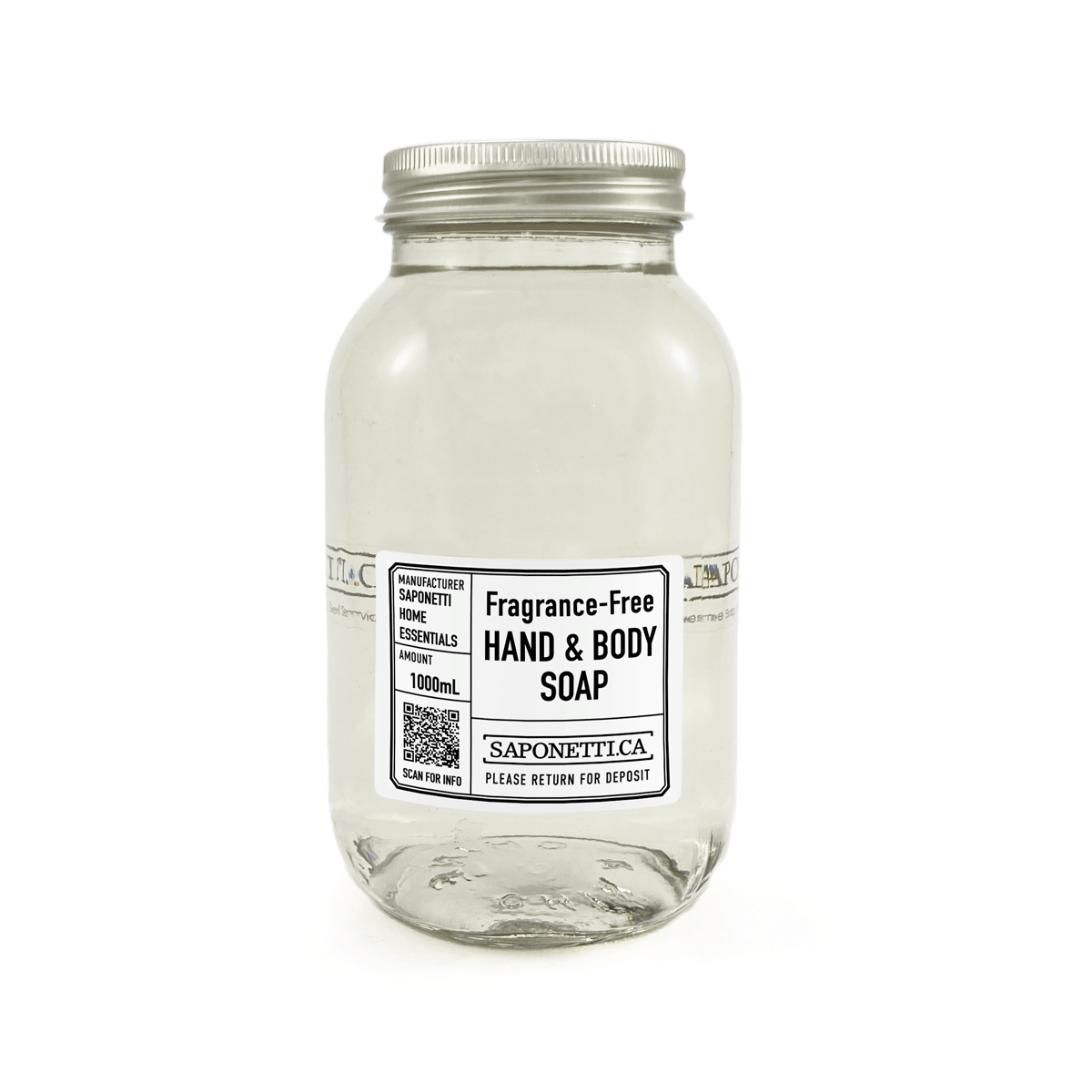 Saponetti Essentials Fragrance-Free Hand & Body Soap 1L Refundable Jar